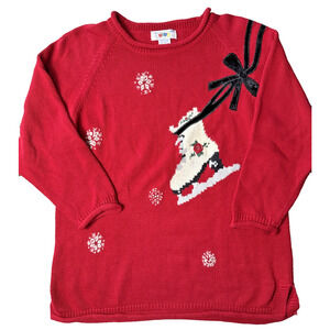 Vintage Girl's Holiday Sweater Size Large 12/14 Ice Skate Novelty Red White EUC